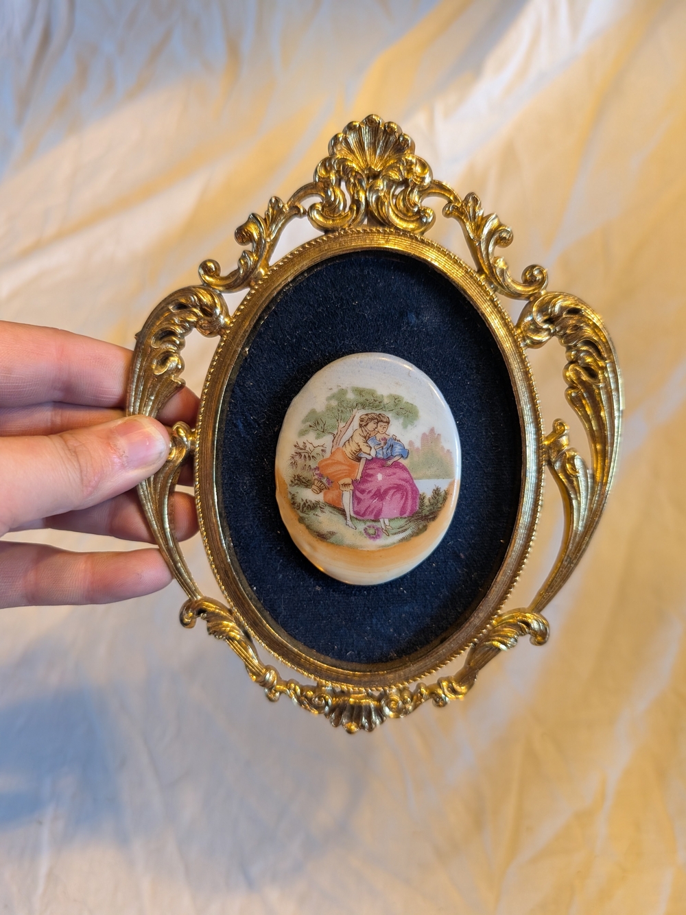 2/60$ Vintage Gold brass Ornate Frame with Painted Porcelain Medallion